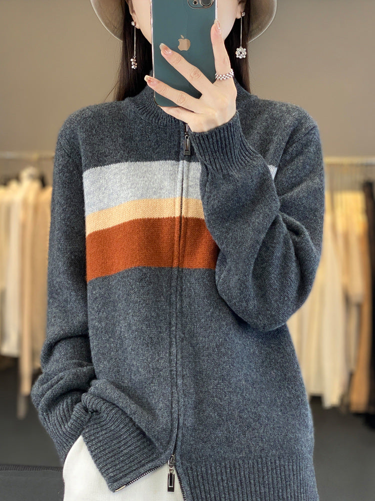 Damen Reißverschluss-Strickcardigan aus weichem Wollmix mit Blockstreifen und geripptem Saum Drune