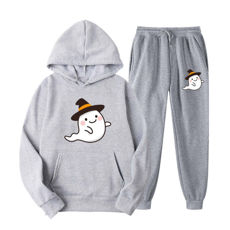 Unisex nan kuscheliger Kapuzenpullover und Jogginghose Set mit Halloween-Geistprint Drune