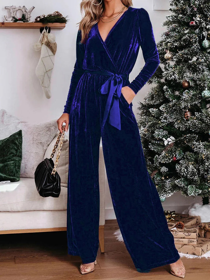 Damen Samt‑Jumpsuit mit Wickel‑V‑Ausschnitt, weitem Bein und Taillengürtel Drune