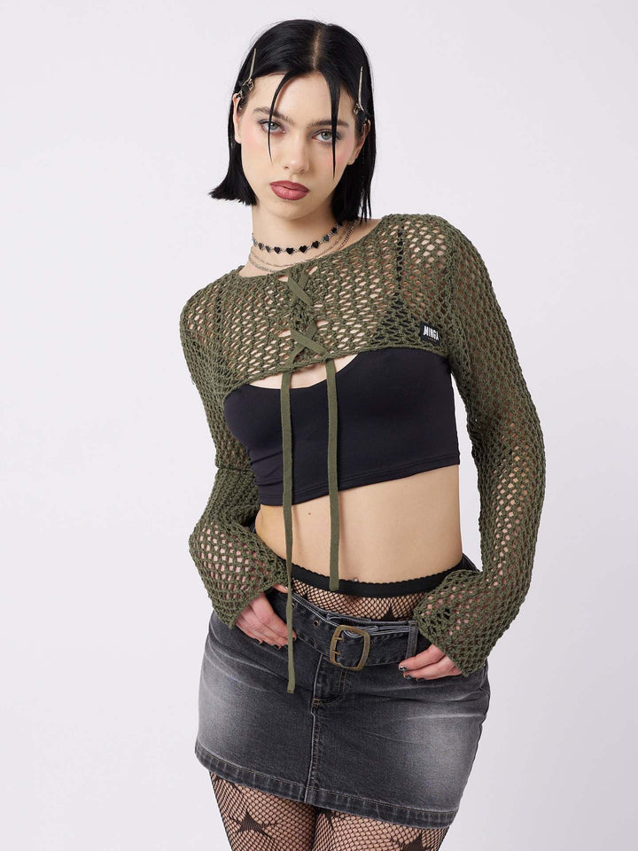 Damen luftiger Netzpullover mit Bindebändern Drune