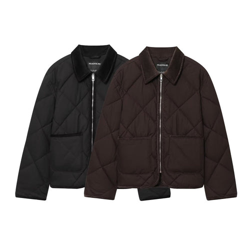 Damen Kurzjacke gesteppter Quilt‑Bomber mit Cordkragen, Frontreißverschluss und aufgesetzten Taschen Drune