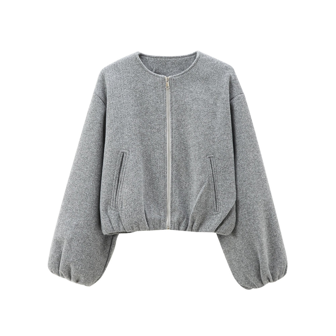 Damen Kurzer Wollmix-Bomber mit Rundhals, Reißverschluss und elastischem Saum Drune