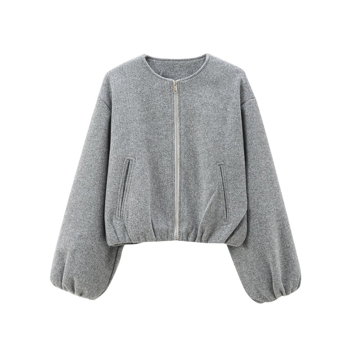Damen Kurzer Wollmix-Bomber mit Rundhals, Reißverschluss und elastischem Saum Drune