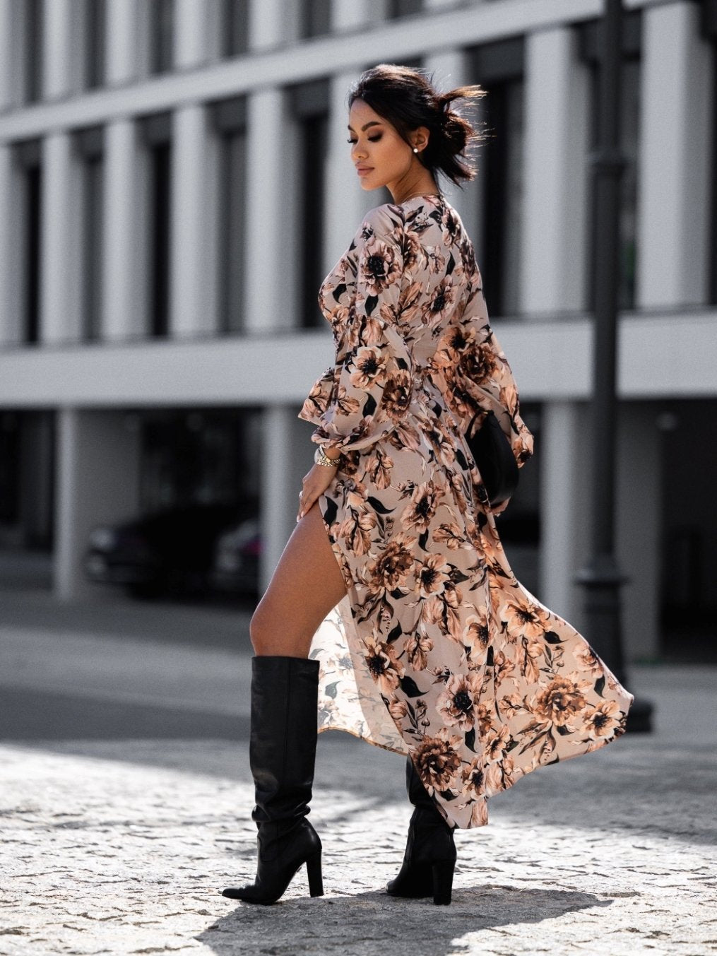 Damen Maxikleid im Leopardenmuster mit Wickeldesign und voluminösen Ärmeln Drune