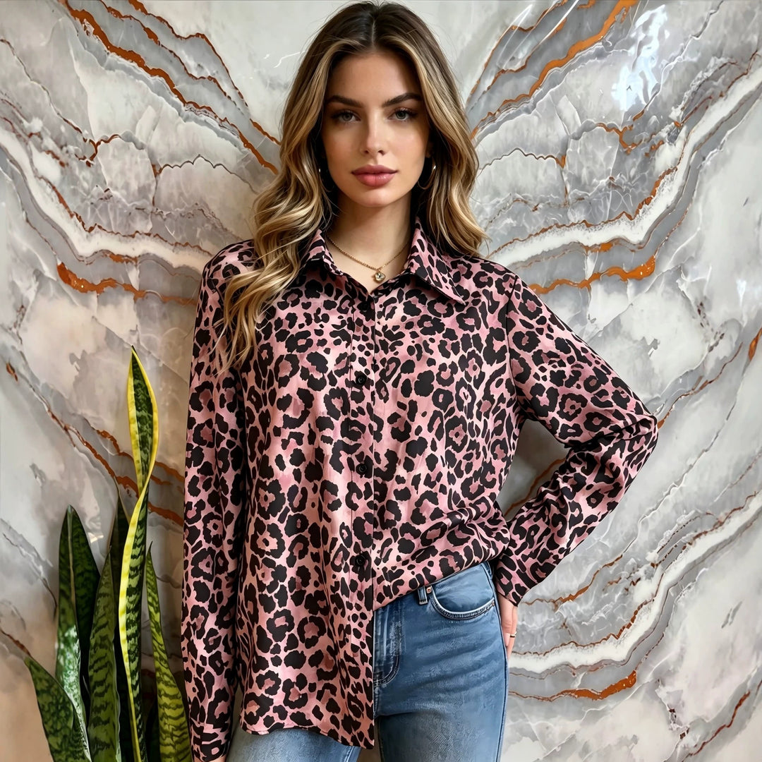 Damen Satin-Leopardenmuster Button-Up Bluse Drune