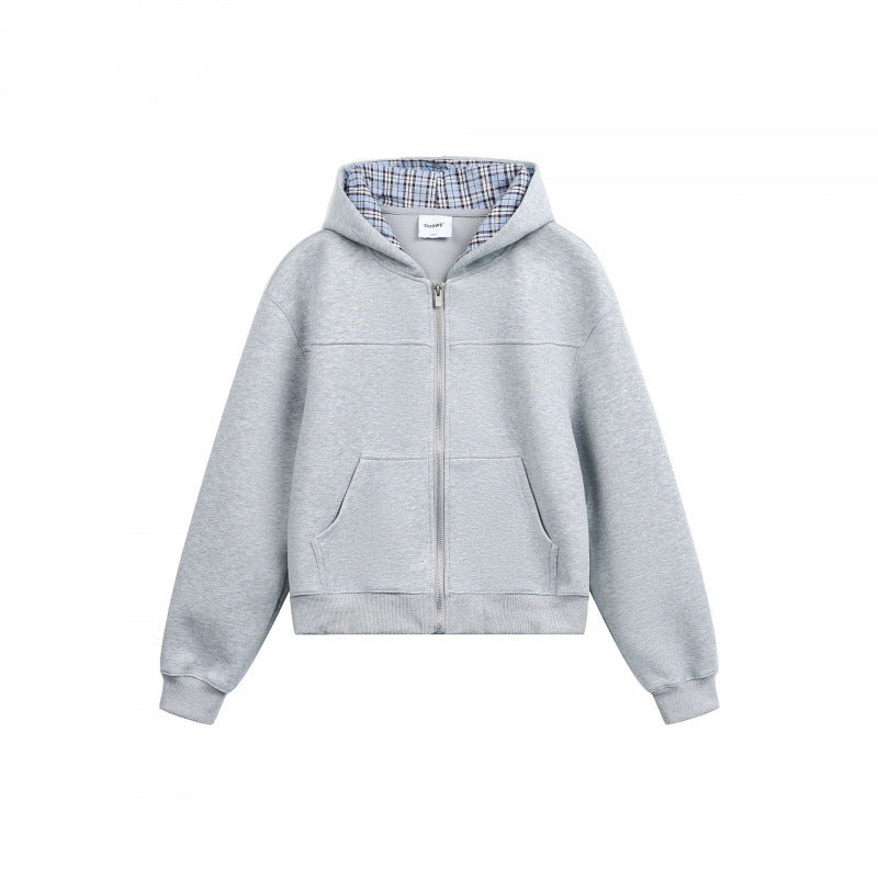 Damen Boxy-Kapuzen-Sweatjacke mit durchgehendem Reißverschluss, kariert gefütterter Kapuze und Kängurutaschen Drune