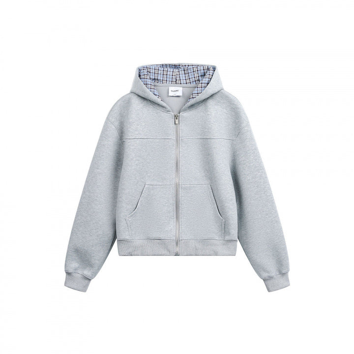 Damen Boxy-Kapuzen-Sweatjacke mit durchgehendem Reißverschluss, kariert gefütterter Kapuze und Kängurutaschen Drune