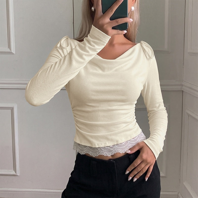 Damen Elegante Langarmbluse mit raffiniertem Kragen und Bindebändern Drune