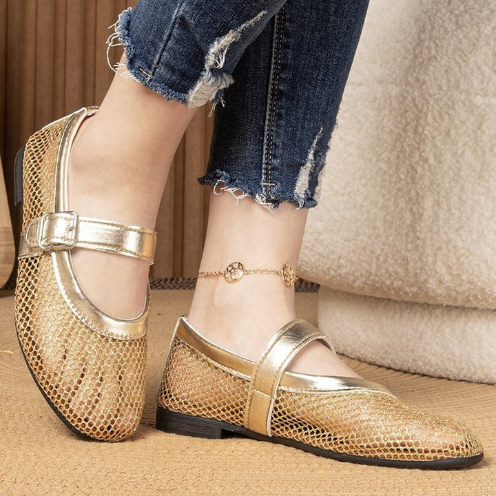 Damen Atmungsaktive Mary‑Jane‑Ballerinas mit Netz‑Mesh‑Obermaterial und verstellbarem Schnallenriemen Drune