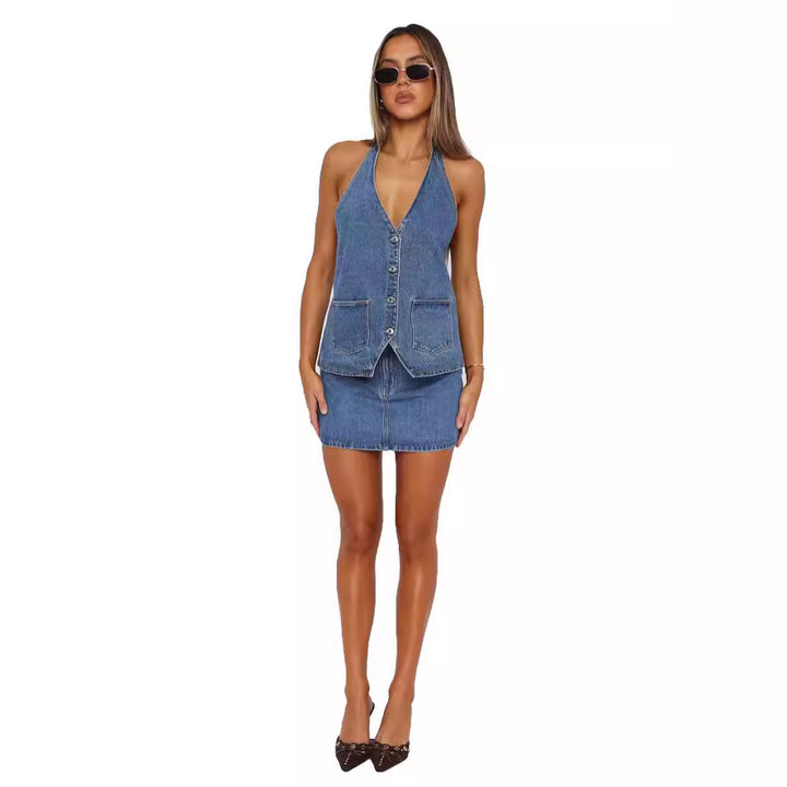 Damen Denim-Kleid mit ärmellosem Design und praktischen Taschen Drune