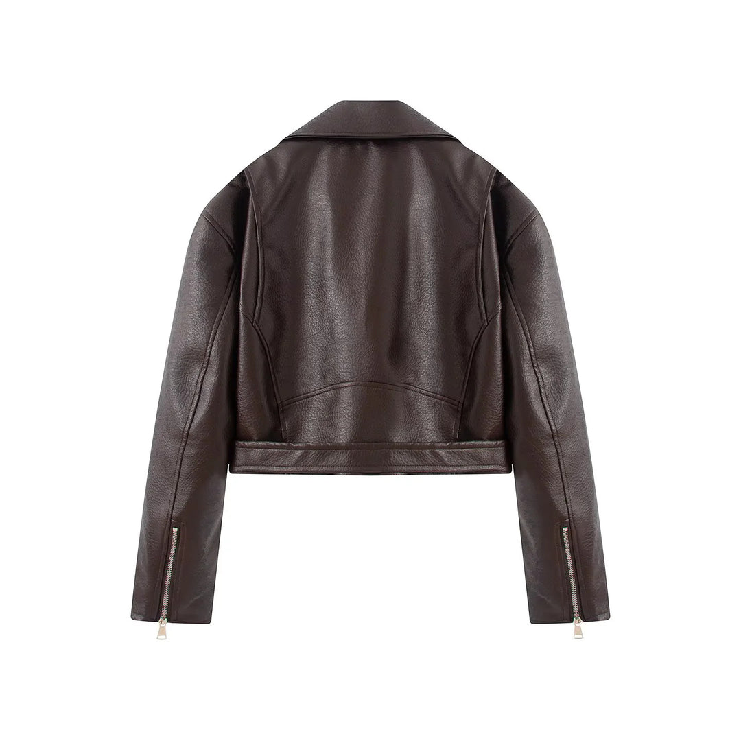 Damen nan cropped Bikerjacke aus veganem Lederimitat mit asymmetrischem Reißverschluss und Taillengürtel Drune