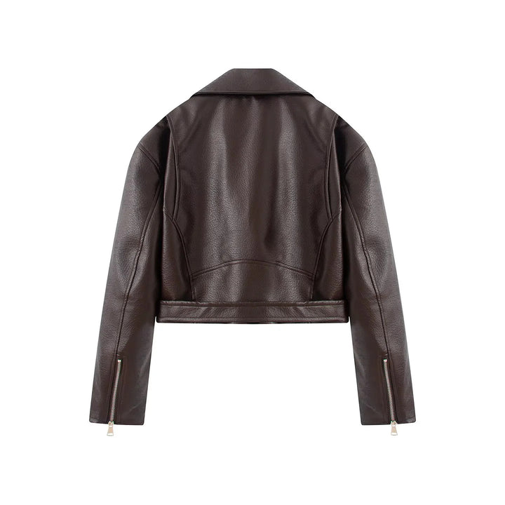 Damen nan cropped Bikerjacke aus veganem Lederimitat mit asymmetrischem Reißverschluss und Taillengürtel Drune