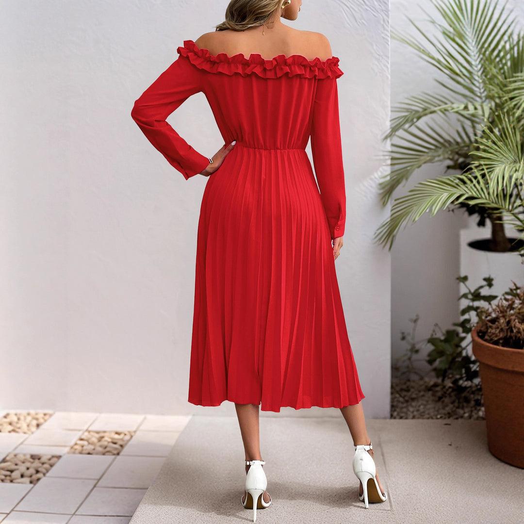 Damen Elegantes Off-Shoulder Plissee Kleid Drune