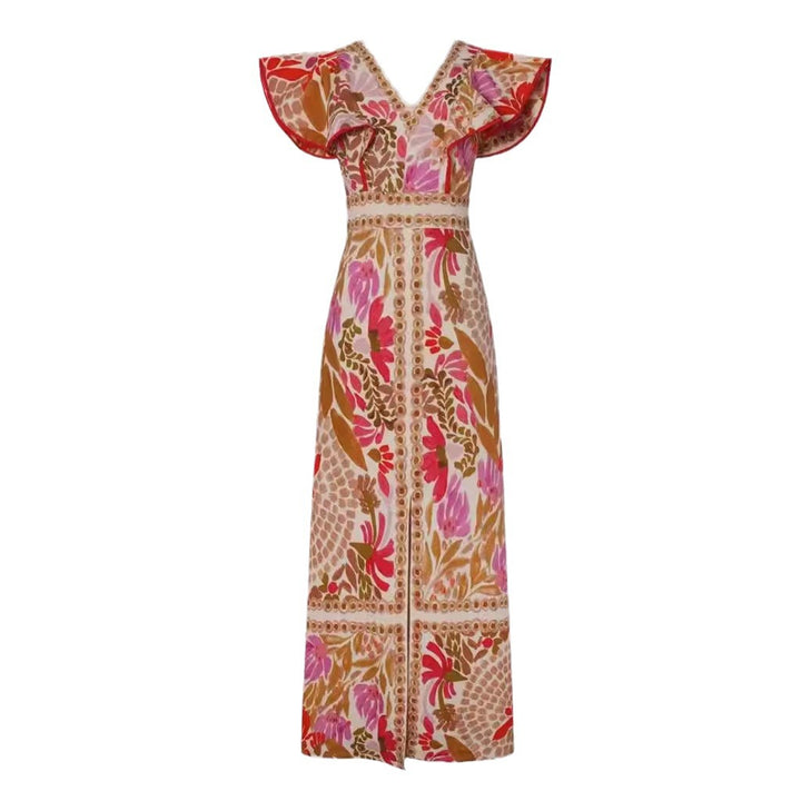 Damen Maxikleid mit farbenfrohem floralem Muster und Volantärmel Drune