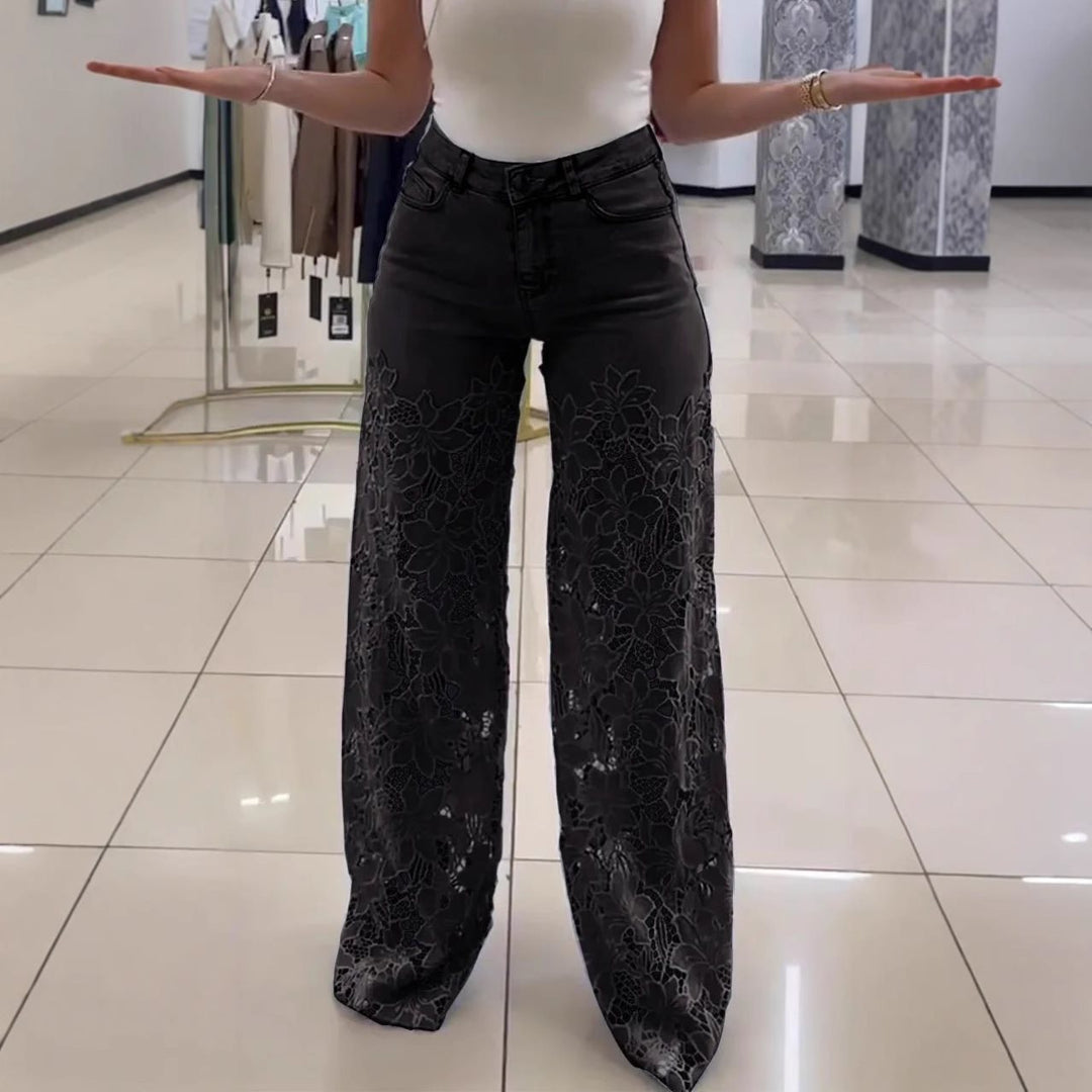 Damen Elegante weite Jeanshose mit floralem Spitzeinsatz Drune