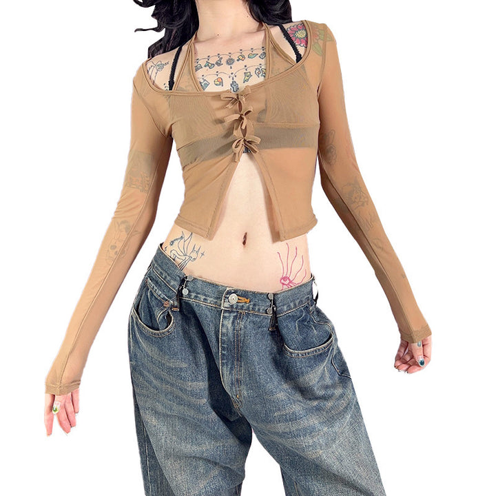 Damen langer Arm Mesh Bluse mit verstellbarem Knoten-Design Drune