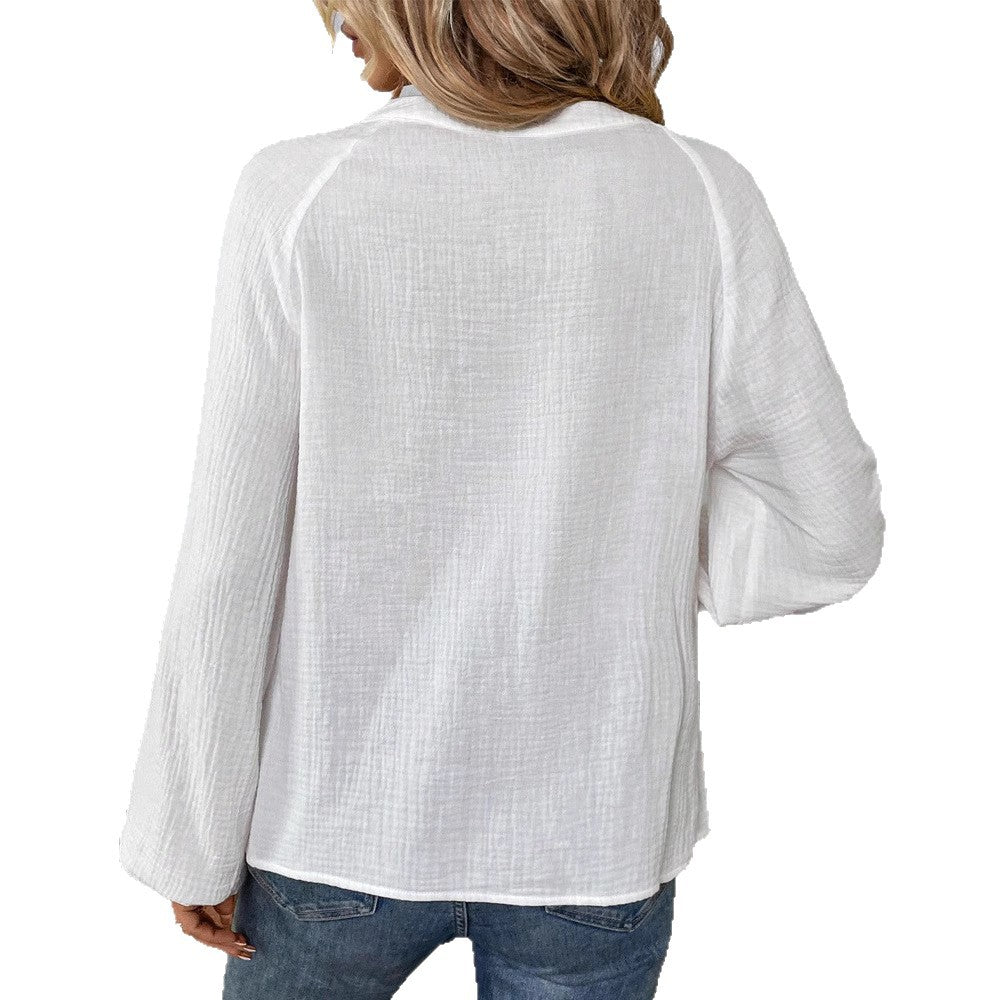 Damen nan lässige Baumwoll-Gauze-Bluse mit besticktem V-Ausschnitt, Paisley-Stickerei, Raglannähten und weiten Ballonärmeln Drune
