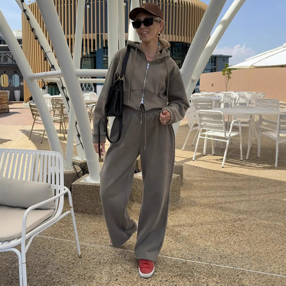 Damen Kurzgeschnittenes Zip-Hoodie mit Kordelzug‑Taille und weiter Palazzo‑Jogginghose Drune
