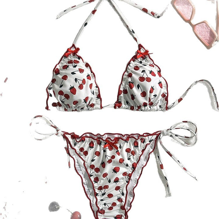 Damen Triangel-Bikini mit ausdrucksstarkem Kirschmotiv und verspielten Bindebändern Drune