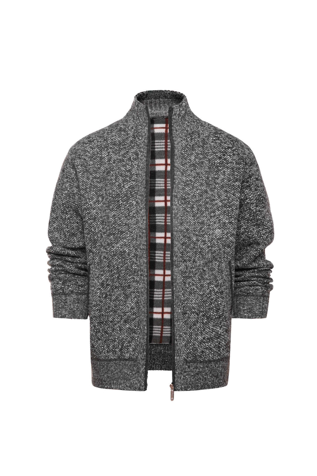 Herren gebürstete Strickjacke mit kariertem Thermofutter und Stehkragen Drune