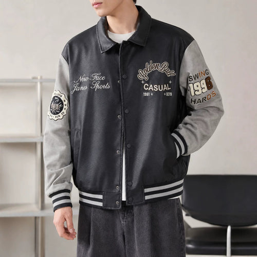 Herren Varsity-Lederoptik Collegejacke mit Kontrastärmeln, gestickten Patches und geripptem Saum Drune