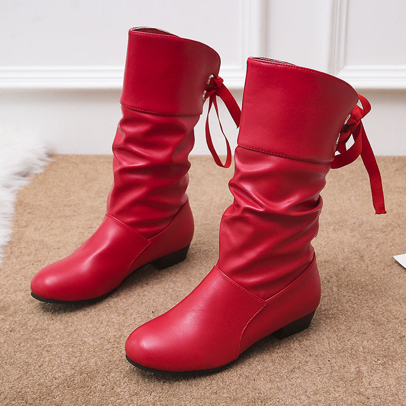 Damen  knielange Stiefel mit rückseitiger Schnürschleife, gerafftem Schaft und flachem Blockabsatz Drune