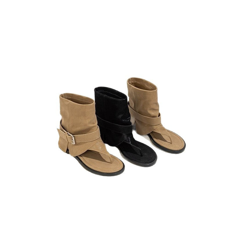 Damen Ankle-Cuff Zehensteg-Sandale mit weitem Schaft und verstellbarem Schnallenriemen Drune