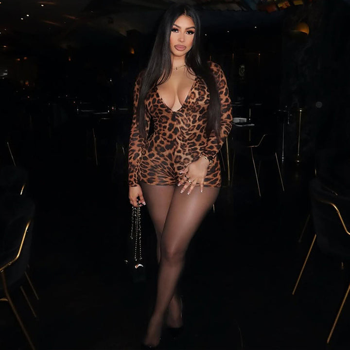 Damen stylischer Leopardenmuster Bodysuit mit V-Ausschnitt und langen Ärmeln Drune