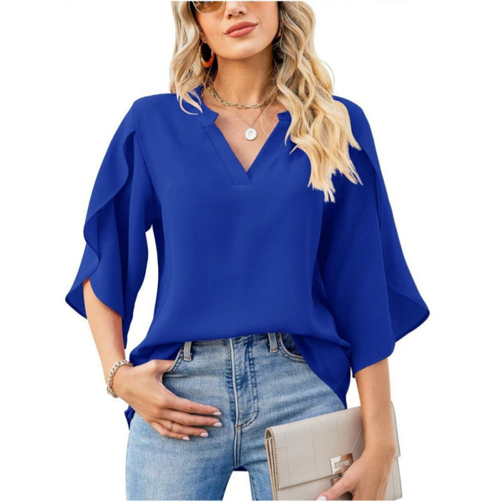 Damen Chiffonbluse mit V-Ausschnitt und eleganten Rüsenärmel Drune