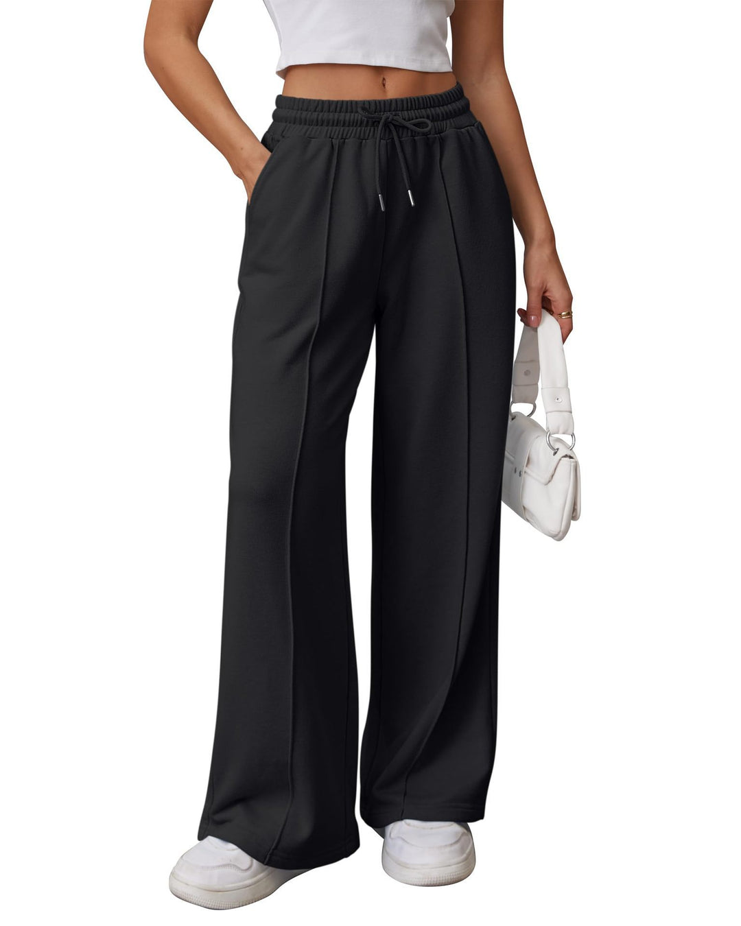 Damen nan High-Waist Relax-Freizeithose mit doppeltem Rippbund, sichtbarer Bügelfalte und weitem Bein Drune
