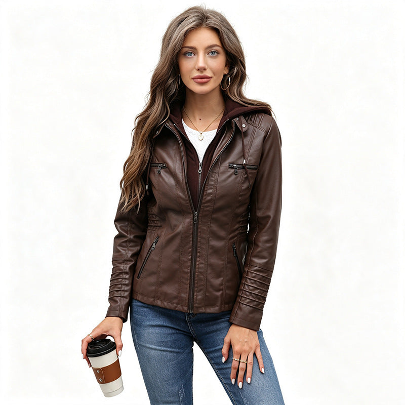 Damen Taillierte Kunstlederjacke mit abnehmbarer Kapuze und Reißverschluss Drune