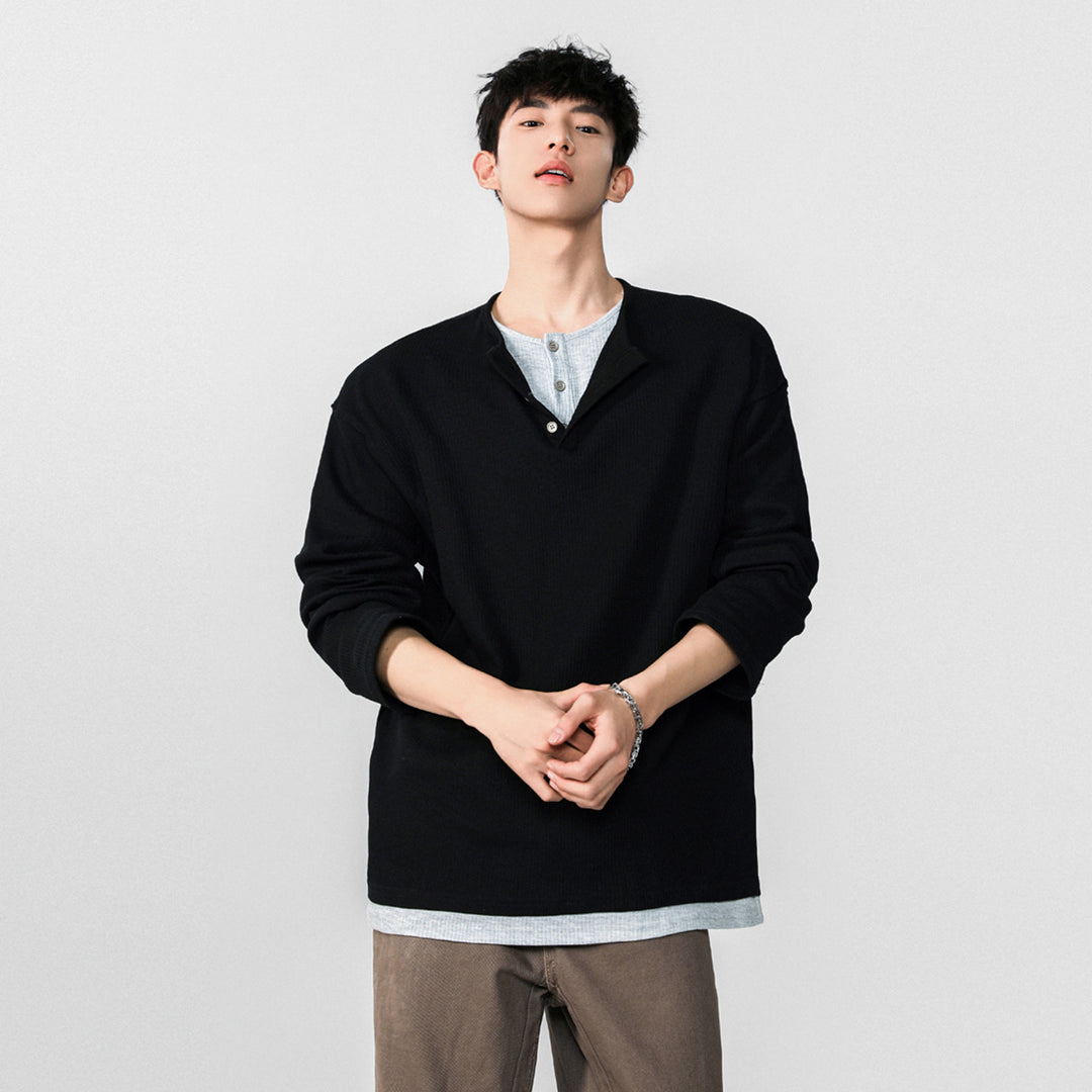 Herren Modisches Oversized-Henley-Shirt mit strukturierter Oberfläche Drune