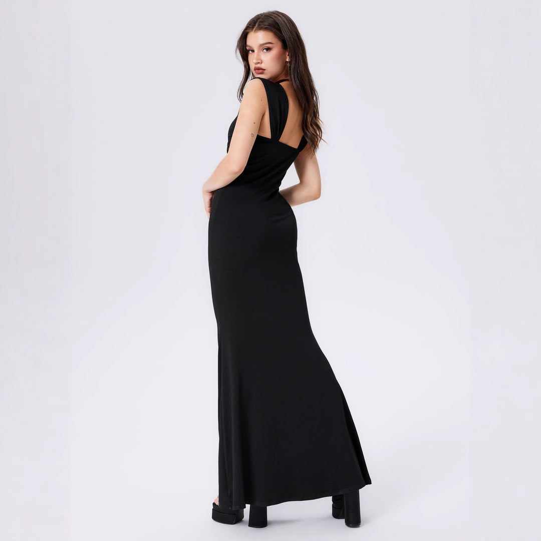 Damen figurbetontes Maxikleid mit gerafftem Oberteil und modernen Trägern Drune