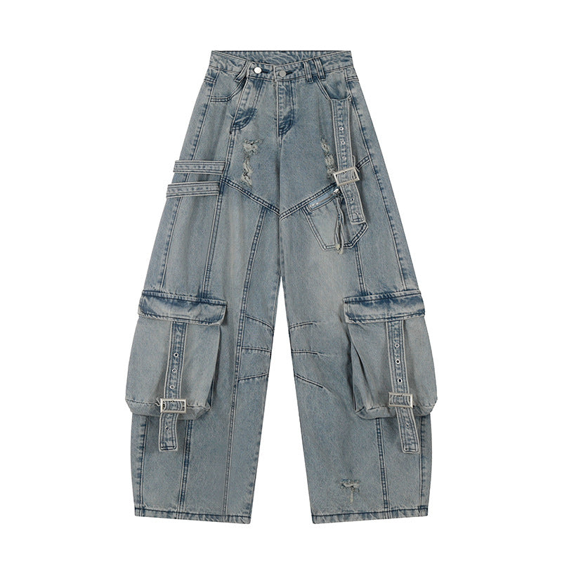 Damen weite Jeans-Cargo-Culotte mit taktischen Taschen, Gurtapplikationen und Used-Details Drune