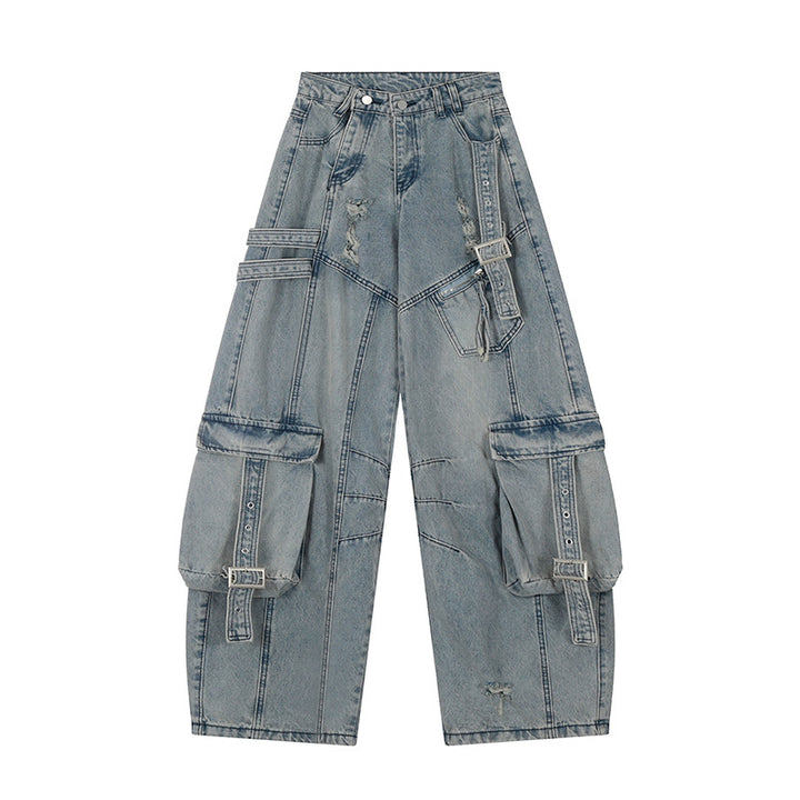 Damen weite Jeans-Cargo-Culotte mit taktischen Taschen, Gurtapplikationen und Used-Details Drune