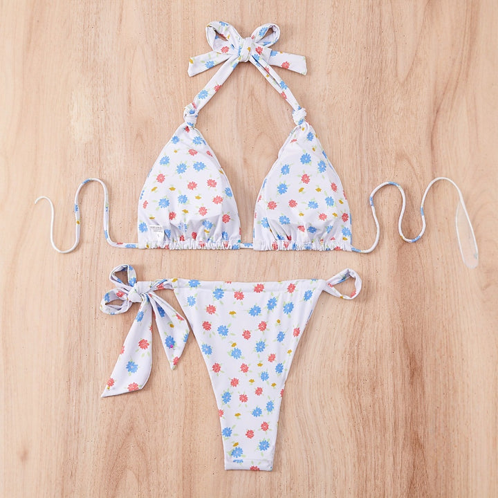 Damen Floral gemusterter Triangel-Bikini mit verspieltem Bindeband Drune