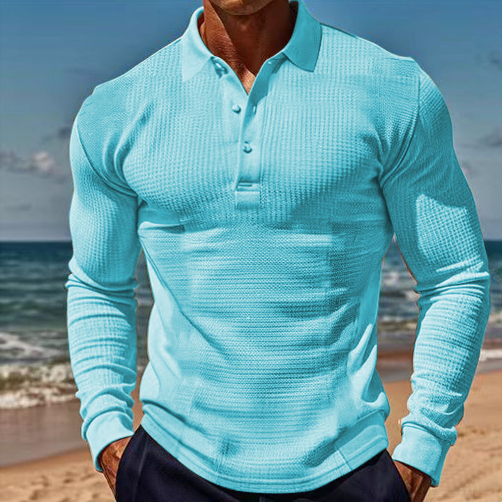 Herren nan körperbetontes Langarm-Henley-Poloshirt aus feiner Rippenstruktur Drune