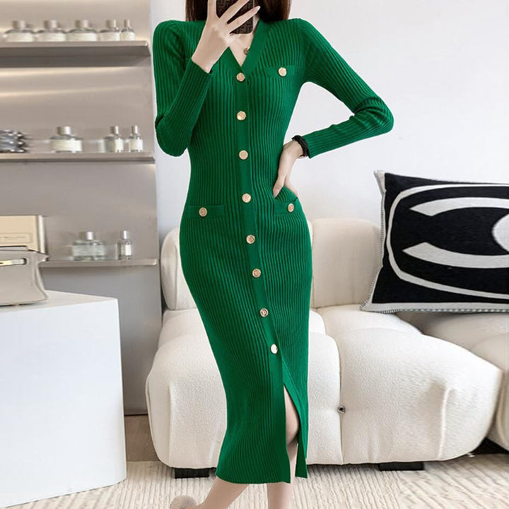 Damen Midi-Strickkleid mit Knopfdetails und seitlichem Schlitz Drune