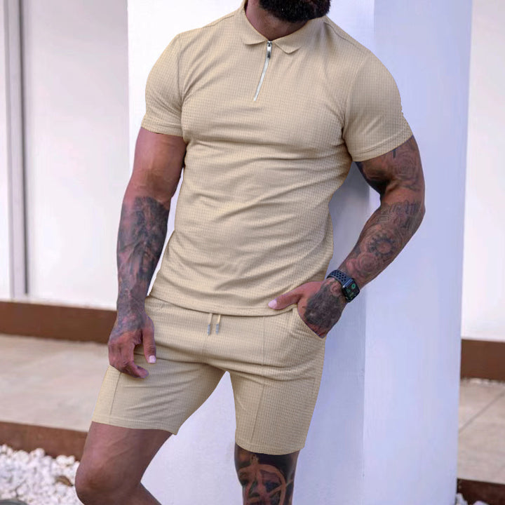 Herren modisches Polo- und Shorts-Set mit strukturiertem Gewebe und funktionalem Reißverschluss Drune