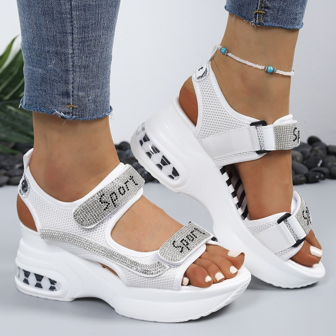 Damen Sportliche Plateausandalen mit Mesh-Obermaterial, Klettverschluss und Ziersteinen Drune
