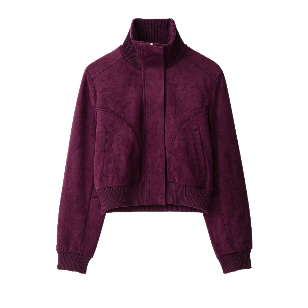 Damen Kurze Velours‑Optik‑Bomberjacke mit hohem Rippstehkragen und verdecktem Reißverschluss Drune