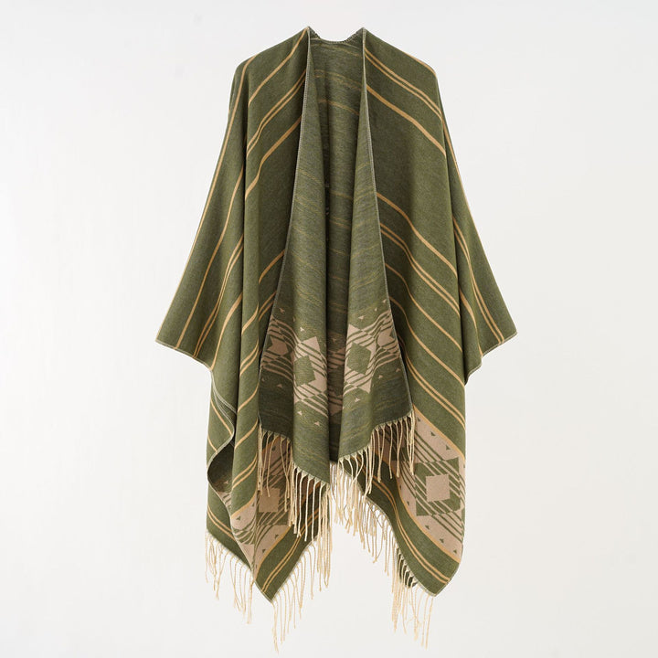 Damen Wollmix-Ruana im grafischen Ethno-Jacquard mit Fransensaum Drune