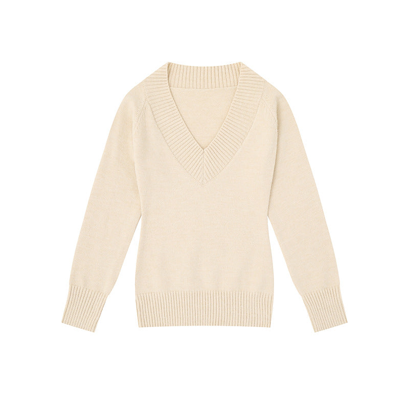 Damen Feinstrickpullover mit tiefem V-Ausschnitt, breitem Ripprand und legerer Passform Drune
