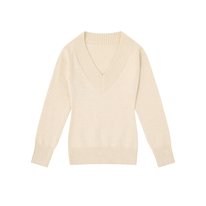 Damen Feinstrickpullover mit tiefem V-Ausschnitt, breitem Ripprand und legerer Passform Drune