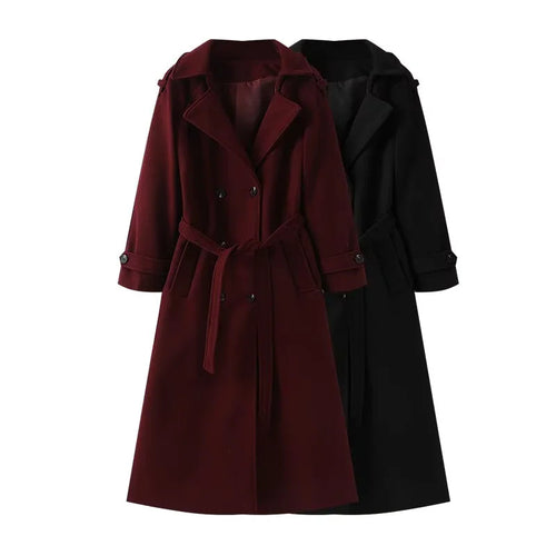 Damen nan langer zweireihiger Trenchcoat-Mantel mit Bindegürtel und Schalkragen Drune