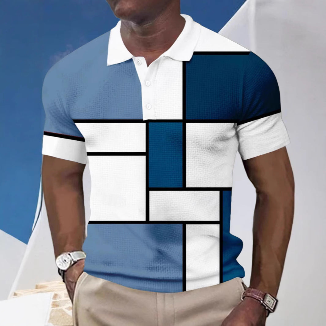 Herren nan kurzärmeliges Poloshirt mit geometrischem Blockmuster und feinem Strukturpiqué Drune