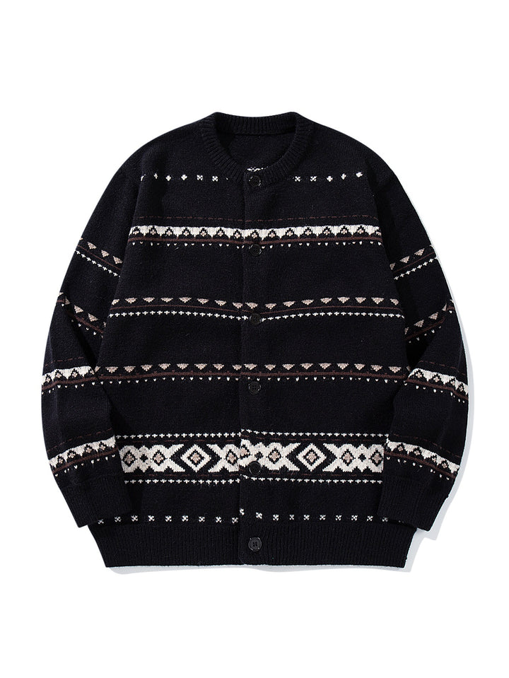 Unisex Strukturierte Jacquard-Strickjacke mit Rundhalsausschnitt, Oversize-Passform und Knopfleiste Drune