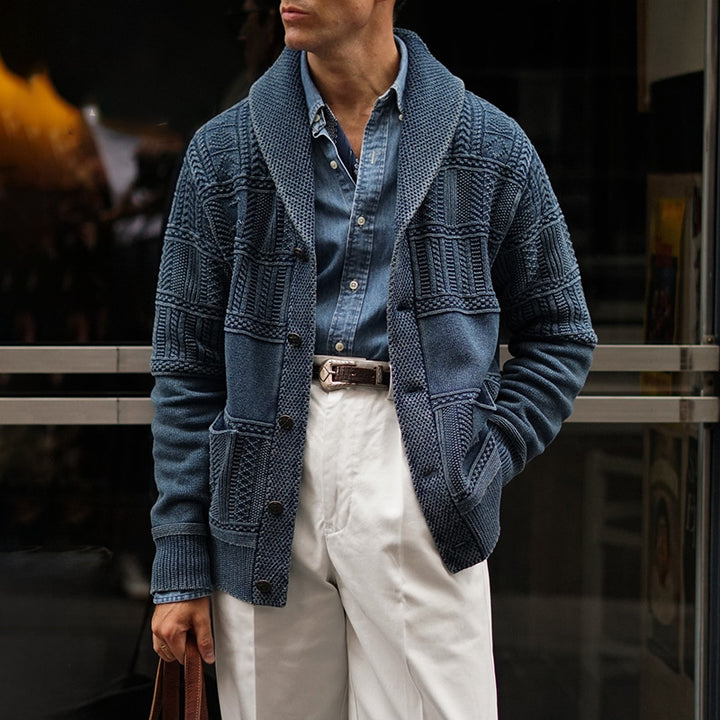 Herren Gestrickter Schalkragen-Cardigan mit Strukturstrick und aufgesetzten Taschen Drune