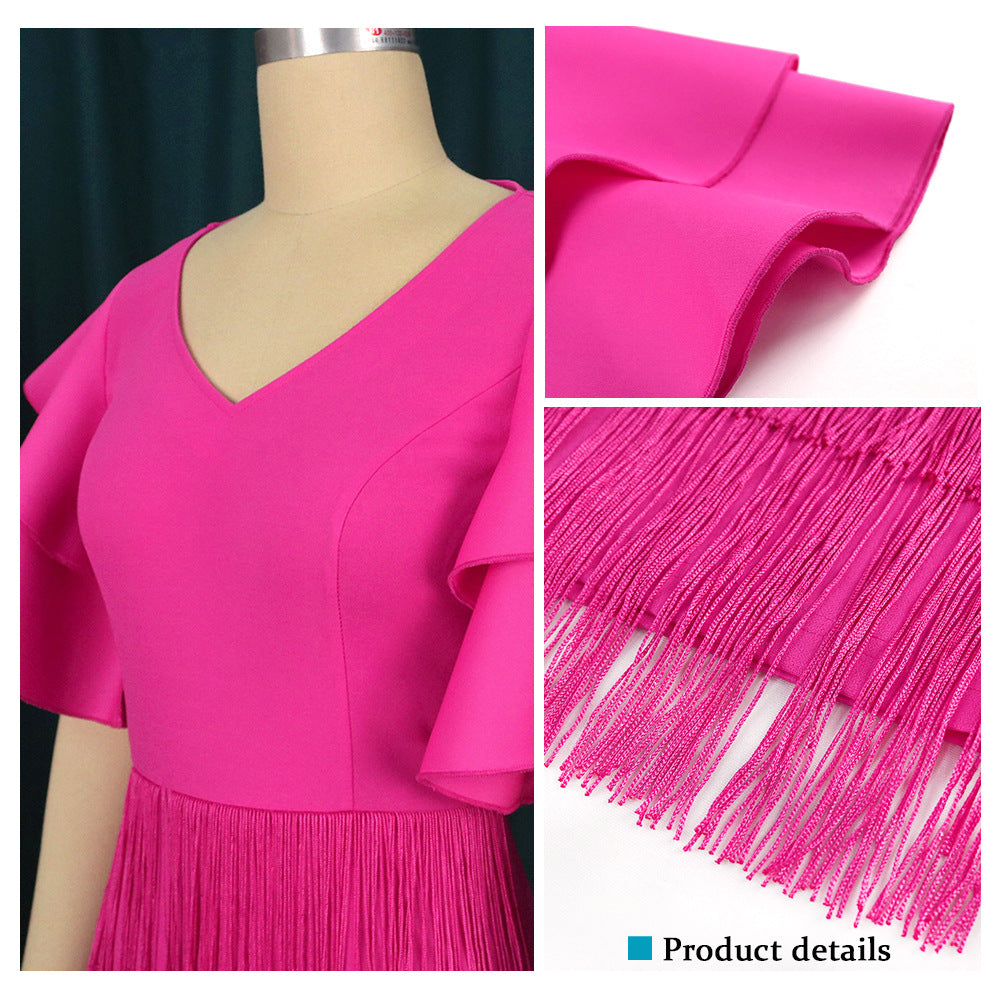 Damen Fransen Maxikleid mit voluminösen Rüschensäumen Drune