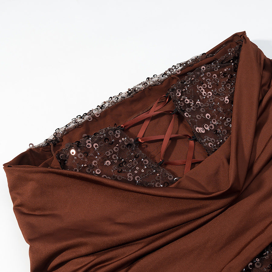 Damen Abendkleid mit schulterfreiem Drape‑Oberteil und Pailletten‑Einsatz Drune